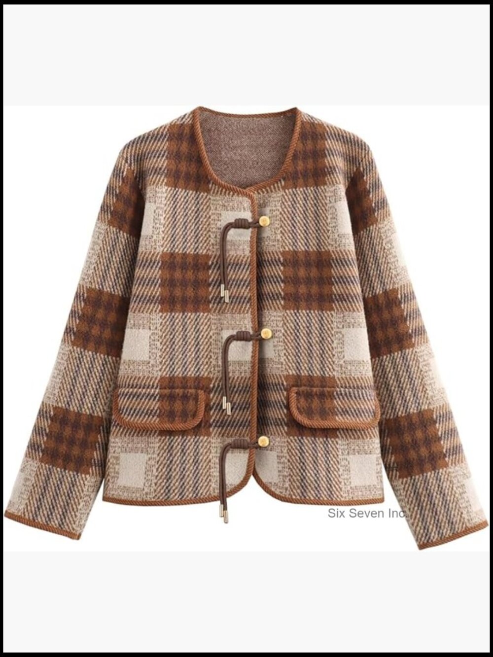 Vintage Button Down Cardigan Sweater Plaid Print Long Sleeve Knit Coat with